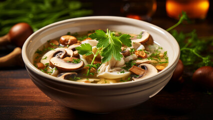 Ceramic bowl with chicken soup, vegetables and mushrooms garnished with parsley on a wooden table, healthy nutrition concept