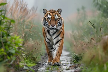 A large tiger walking down a dirt road - Powered by Adobe