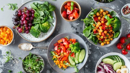 Healthy Vegetarian Bowls with Vegetables and Grains Top View