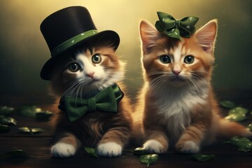 Charming Saint Patrick day cute ginger cats. Adorable feline kitten with cylindric hat. Generate ai - obrazy, fototapety, plakaty