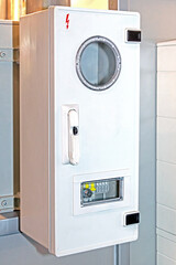 Electrical cabinet power unit with circuit breakers and monitoring panels in modern household