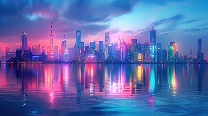 An abstract city skyline with vibrant color gradients and reflection on water, soft tones, fine details, high resolution, high detail, 32K Ultra HD, copyspace