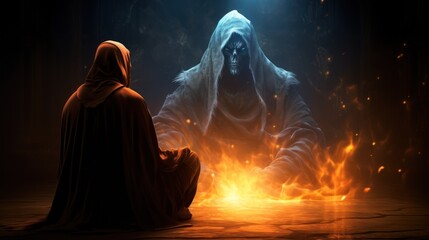 A cloaked figure sitting in front of a fire. Another figure is visible in the background, also wearing a cloak. The figure in the background has a skull-like face. - obrazy, fototapety, plakaty