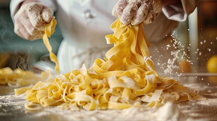Chef tossing fresh pasta in the air with flour dust around, soft tones, fine details, high resolution, high detail, 32K Ultra HD, copyspace
