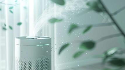 Animated 3D air purifier in action, visible PM25 particles being filtered out.