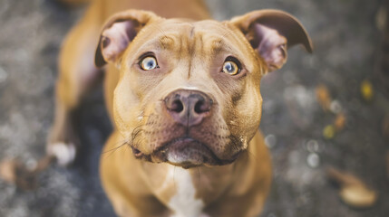 A cute Pitbull dog with floppy ears and soulful eyes, wagging its tail eagerly as it gazes up at its owner with unconditional love and loyalty - obrazy, fototapety, plakaty
