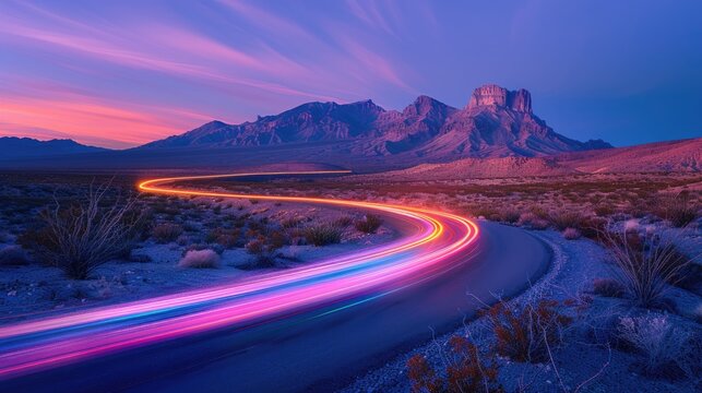 Colorful light trails in a desert with mountain backdrop at twilight, soft tones, fine details, high resolution, high detail, 32K Ultra HD, copyspace