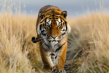 A tiger walking through a field of tall grass