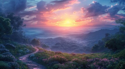 Surreal landscape with a winding path leading to a vivid, oversized sunset, soft tones, fine details, high resolution, high detail, 32K Ultra HD, copyspace - obrazy, fototapety, plakaty
