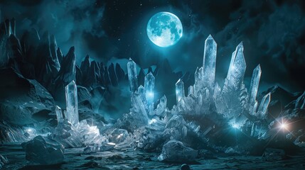 Towering crystals under a full moon in a mystical cavern, soft tones, fine details, high resolution, high detail, 32K Ultra HD, copyspace