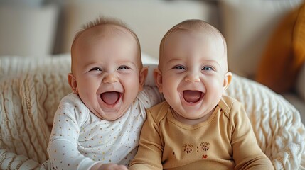 Twin babies laughing with joy in a bright, cheerful setting, soft tones, fine details, high resolution, high detail, 32K Ultra HD, copyspace