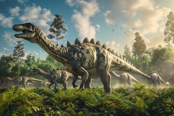 A giant dinosaur makes its way through a thick forest teeming with greenery, towering over the lush...