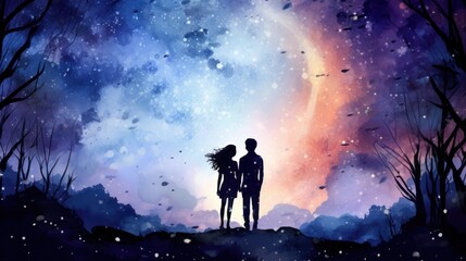 Fototapeta premium A watercolor couple stands on a hill, holding hands and looking at the sky filled with a galaxy. The sky is blue and pink, with white clouds and stars. Valentine's Day.