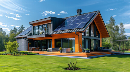  house with a Solar panels system on the roof. Modern eco friendly passive house with landscaped yard.