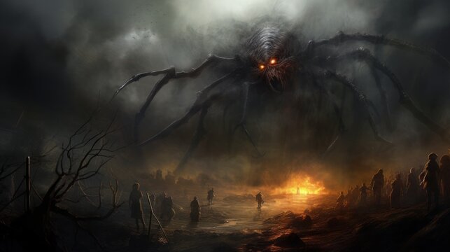 A giant monster with glowing eyes stands over a group of people. The monster has many legs and towers over people. The sky is dark and there is a fire burning nearby.