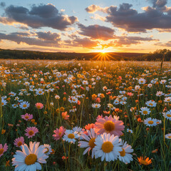 field of flowers and sunset