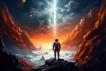 An astronaut stands on top of a mountain of an orange planet. The sky is strewn with stars, and a ray of light falls on them. The astronaut is dressed in a spacesuit and looks into the distance. - obrazy, fototapety, plakaty