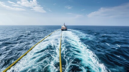 A vast oceanic pipeline leads to a distant ship, capturing the essence of maritime engineering. Undersea internet cables. Submarine communications cable