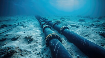 Undersea internet cables. Submarine communications cable. Underwater view of parallel pipelines stretching into the distance along a sandy ocean floor, technological advances in marine engineering - obrazy, fototapety, plakaty