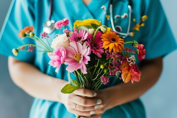 a nurse wearing scrubs holding a bouquet of flowers for National Nurses Day