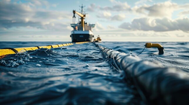 A vast oceanic pipeline leads to a distant ship, capturing the essence of maritime engineering. Undersea internet cables. Submarine communications cable