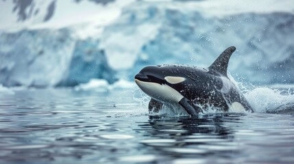 Fototapeta premium World Oceans Day Environmental Saving Concept, orca whales jumping out of the sea surface