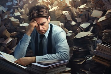 Overwhelmed Stressful man with folders banner. Male report stress work business. Generate Ai