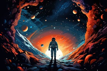 An astronaut stands on a rocky surface in outer space. They encounter a portal leading to another planet. The astronaut is wearing a spacesuit.