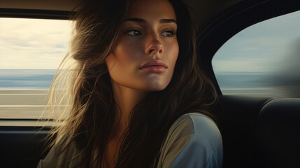 A woman with long hair sits in the back seat of a car and looks out the window against the backdrop of the ocean.