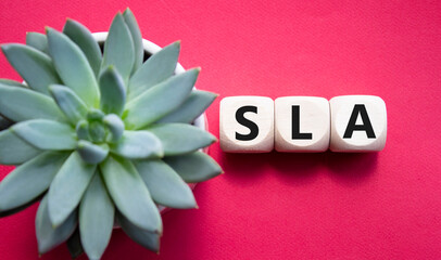 SLA - Service Level Agreement. Wooden cubes with word SLA. Beautiful red background with succulent...