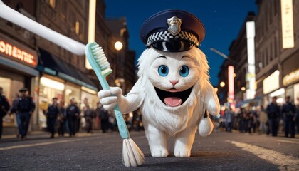 A cartoon cat dressed as a police officer confidently strides through a city street at dusk, holding a giant toothbrush