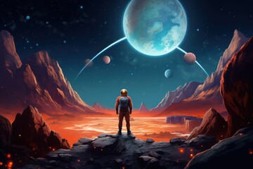 An astronaut stands on a rocky ledge and looks at a distant planet. The planet has three satellites, one of which is large and visible above the horizon. - obrazy, fototapety, plakaty