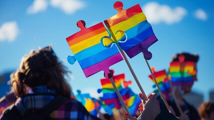 piece signs in rainbow colors at LGBT pride parade