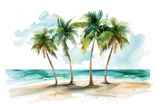Isolated Watercolor Palm Trees on Beach with Sea Background
