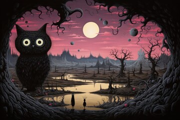 Fototapeta premium An owl looks at two figures in a dark, barren landscape. The sky is pinkish-red, the moon is full. The landscape is filled with dead trees and the pond reflects the red sky.