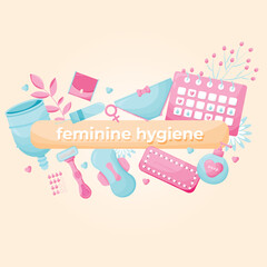Feminine hygiene kit.  Menstrual Cycle. Menstrual cup, tampons, soap, panties, period calendar, razor and pills. Vector illustration EPS 10