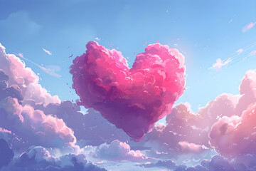 Pink heart in the sky with clouds, Valentine's Day celebration wedding concept illustration.