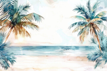 Fototapeta na wymiar Isolated Watercolor Palm Trees on Beach with Sea Background 