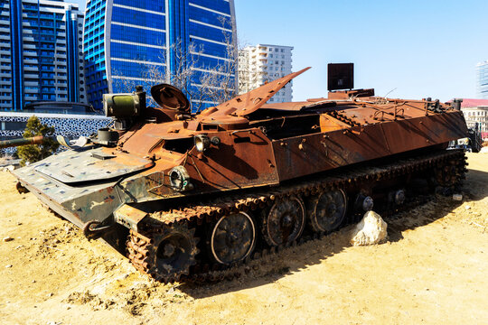 Damaged tanks, armored vehicles and equipment on the battlefield. military technics. Wide image for banners and advertisements.