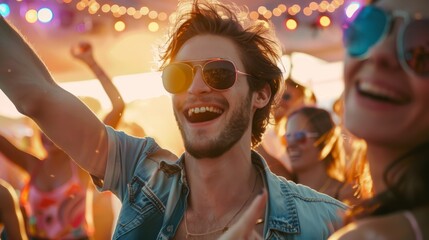 Joyful man with sunglasses at music festival raising arms among crowd. Event celebration and entertainment concept - obrazy, fototapety, plakaty