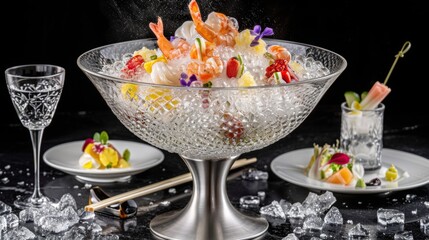 a glass bowl with ice and seafood - 780014388
