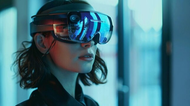 A young woman wearing a AR VR headset interacting with virtual elements in an office environment, augmented virtual reality technology concept with defocused background - Powered by Adobe