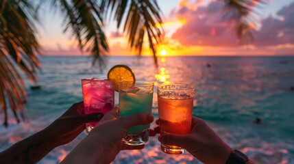Group of People Holding Up Drinks by the Ocean - obrazy, fototapety, plakaty