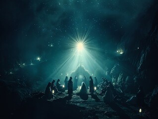 Holy nativity scene, starlit night, aerial view, detailed silhouettes, serene atmosphere , 8K , high-resolution, ultra HD,up32K HD