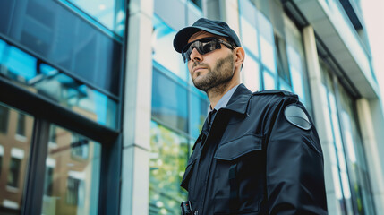 A vigilant security guard monitoring surveillance cameras and ensuring the safety and security of a commercial building. - obrazy, fototapety, plakaty