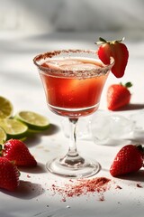 A refreshing orange cocktail or mocktail decorated with strawberry on white table with berry and lime fruit