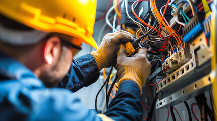 A skilled electrician installing wiring and electrical fixtures with precision and attention to safety standards at a construction site. - obrazy, fototapety, plakaty