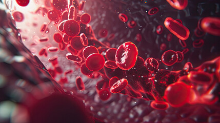 Fototapeta premium Red blood cells in vein with depth of field, A blood vessel with blood cells flowing in one direction