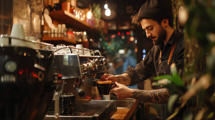 A skilled barista expertly preparing delicious coffee beverages with precision and artistry in a cozy café. - obrazy, fototapety, plakaty