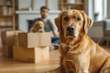 Family with pets moving to new home. Stack of cardboard boxes and dog sitting near cardboard box. Relocation, renovation, delivery service, donation concept. 